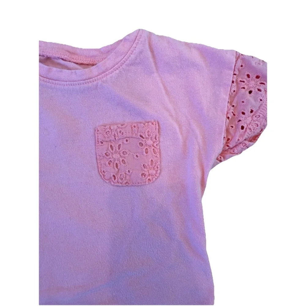 Genuine OshKosh B'gosh Pink Floral Eyelet Sleeve Pocket TShirt Toddler Girls 12M